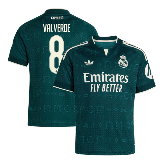Front and back view of kids Real Madrid 2026-2027 away stadium replica jersey featuring Valverde #8 by Final Third Kit