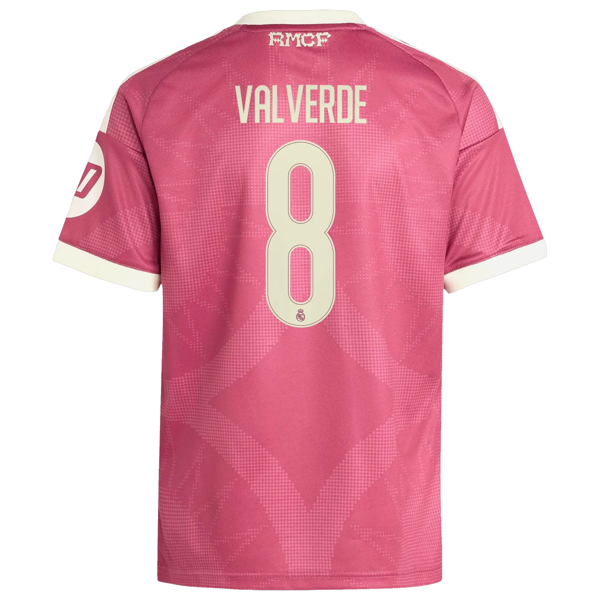 Back view of youth Real Madrid 2026-2027 third pink replica football shirt with Federico Valverde name and number 8 printing by Final Third Kit