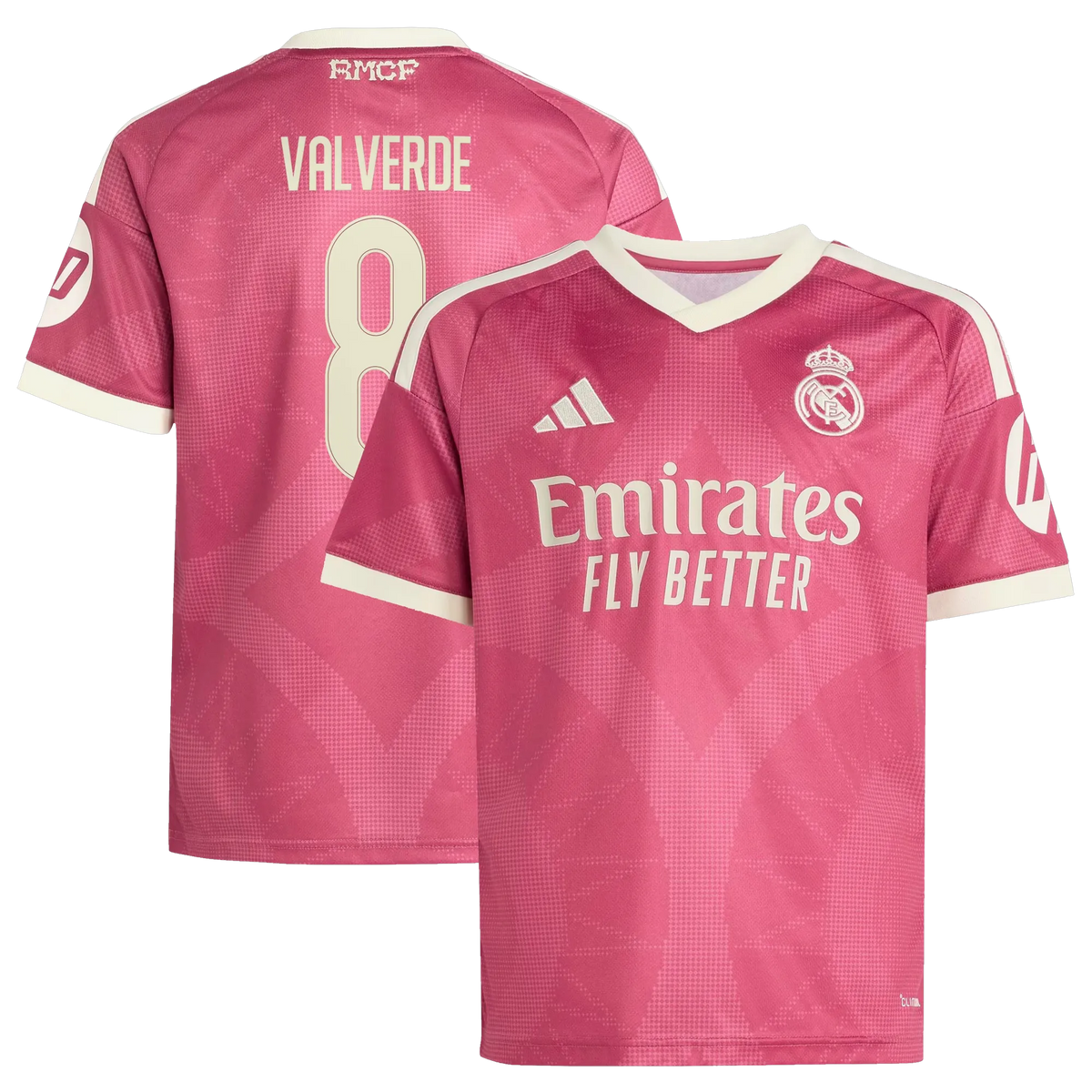 Front and back view of youth Real Madrid 2026-2027 third pink replica jersey featuring Federico Valverde by Final Third Kit