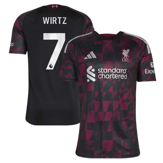 Front and back view of Liverpool 2026-2027 third black replica jersey featuring Florian Wirtz by Final Third Kit