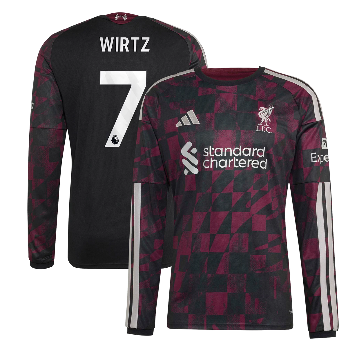 Front and back view of Liverpool 2026-2027 third black replica long sleeve jersey featuring Florian Wirtz by Final Third Kit