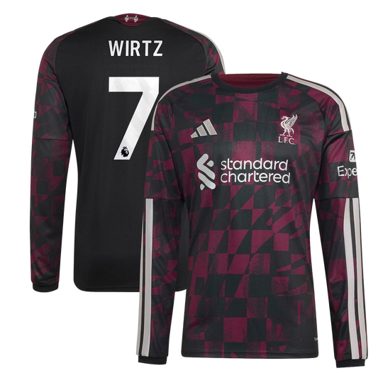 Front and back view of Liverpool 2026-2027 third black replica long sleeve jersey featuring Florian Wirtz by Final Third Kit