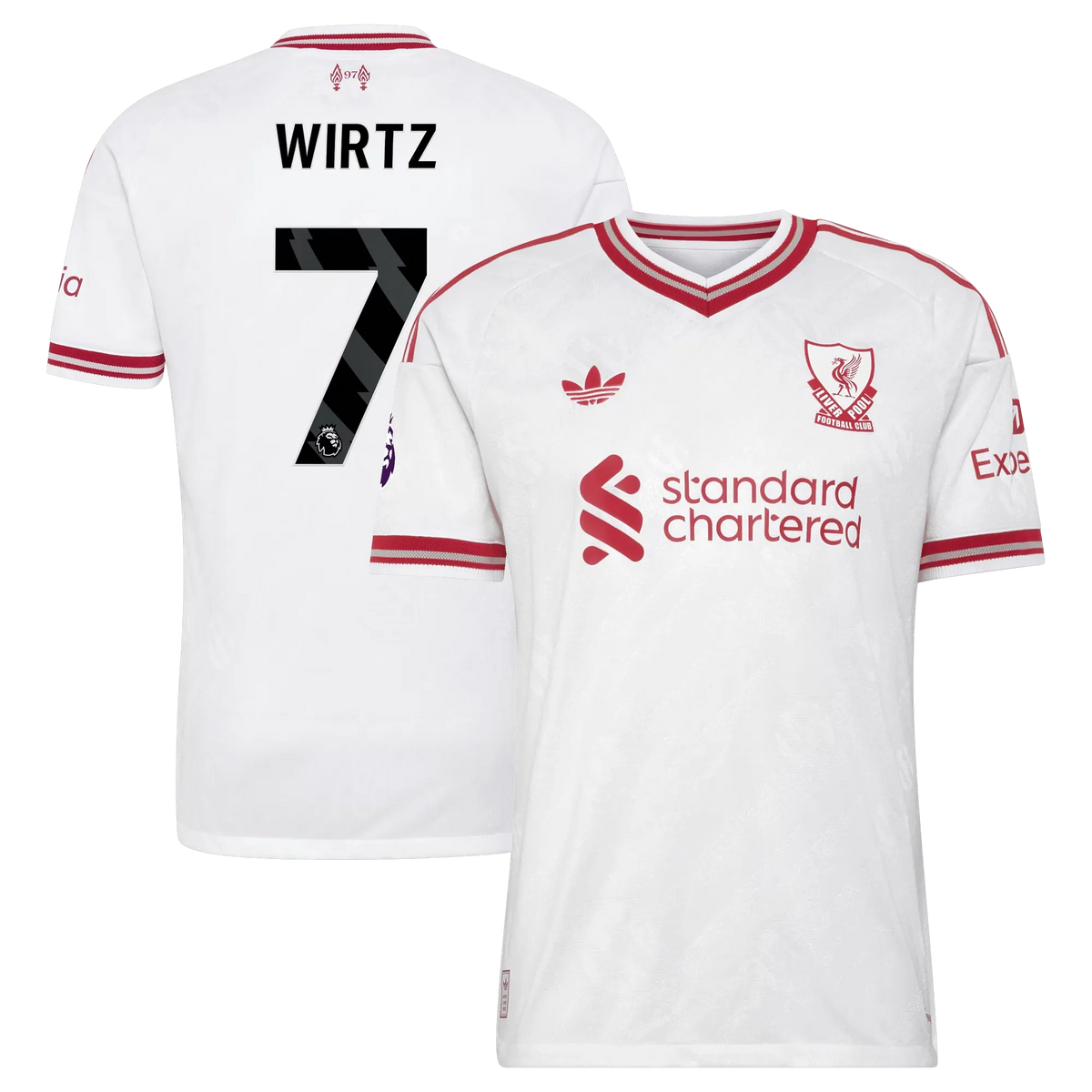 Front and back view of men's Liverpool 2026-2027 away white on-field authentic jersey featuring Florian Wirtz by Final Third Kit