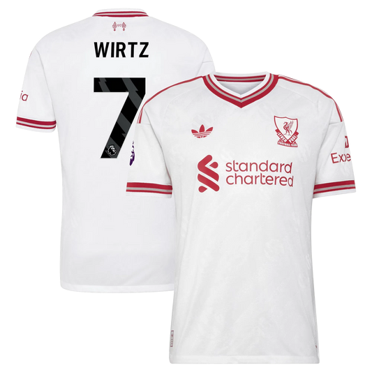 Front and back view of men's Liverpool 2026-2027 away white on-field authentic jersey featuring Florian Wirtz by Final Third Kit