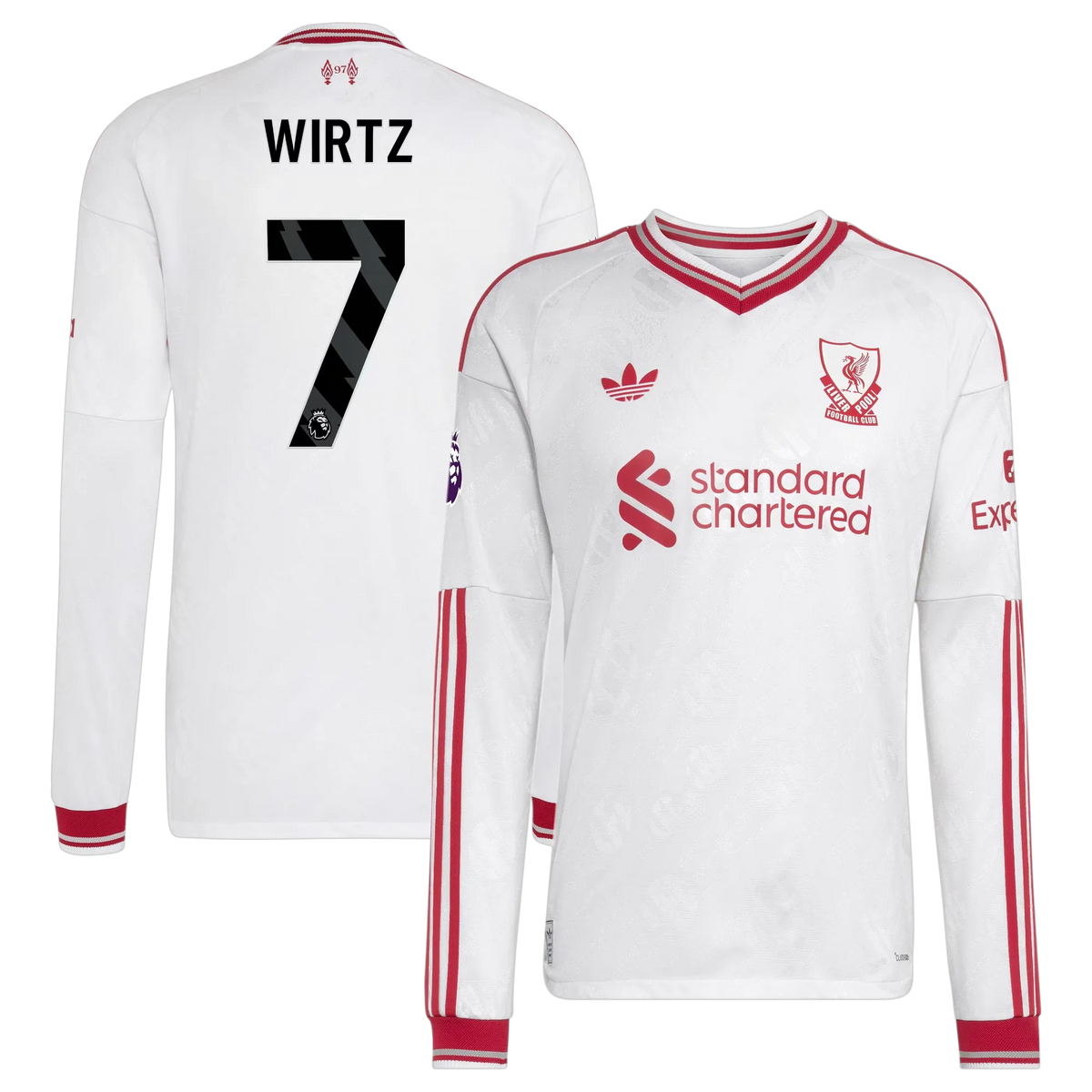 Front and back view of men's Liverpool 2026-2027 away white Replica long sleeve jersey featuring Florian Wirtz by Final Third Kit