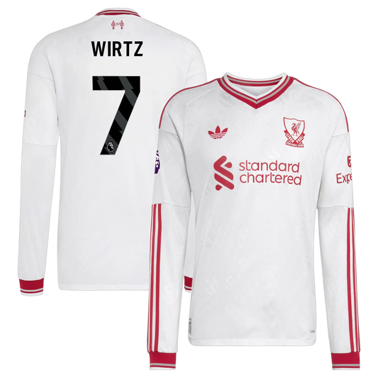 Front and back view of men's Liverpool 2026-2027 away white Replica long sleeve jersey featuring Florian Wirtz by Final Third Kit