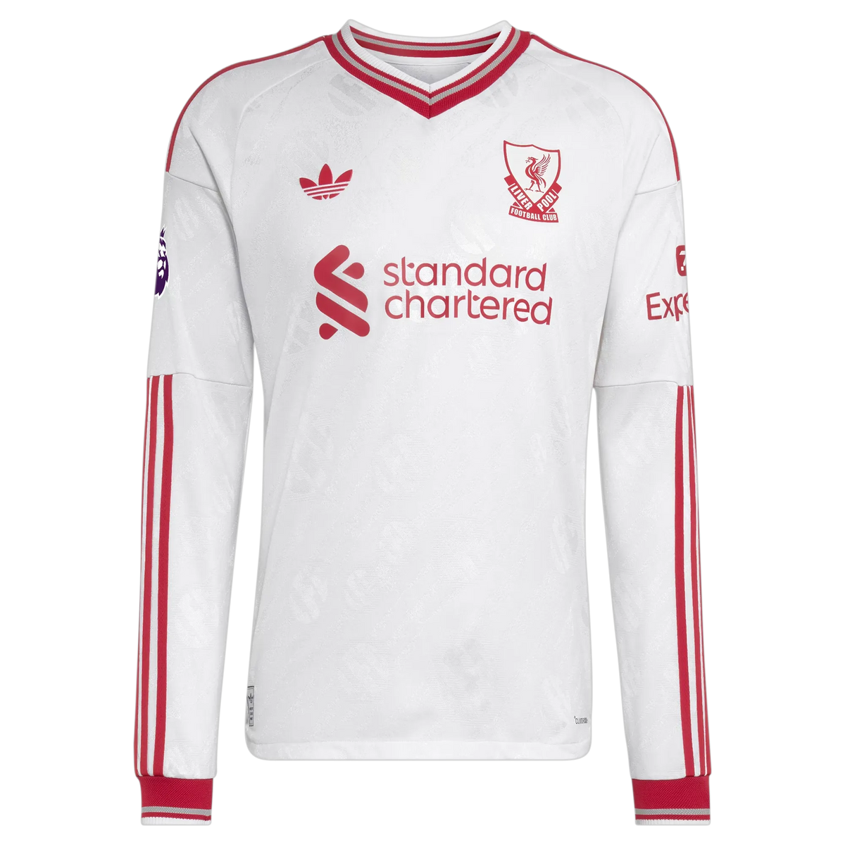 A white long-sleeve Adidas Liverpool football jersey with red trim, featuring the Liverpool club crest, the Adidas logo, and the 'standard chartered' sponsor logo on the front.