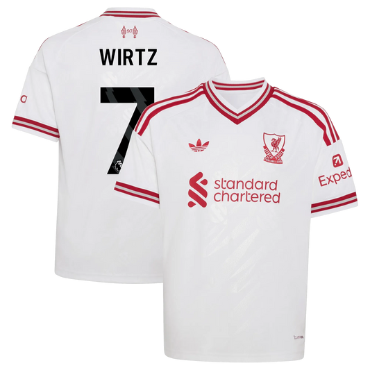 Front and back view of women's Liverpool 2026-2027 away white replica jersey featuring Florian Wirtz by Final Third Kit