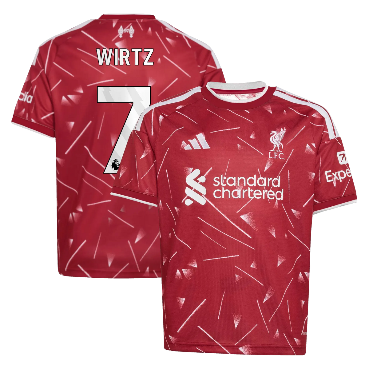 Front and back view of youth Liverpool 2026-2027 home red replica jersey featuring Florian Wirtz by Final Third Kit