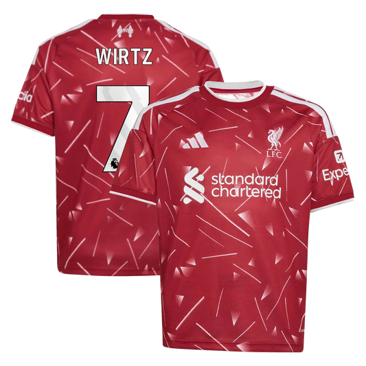 Front and back view of youth Liverpool 2026-2027 home red replica jersey featuring Florian Wirtz by Final Third Kit