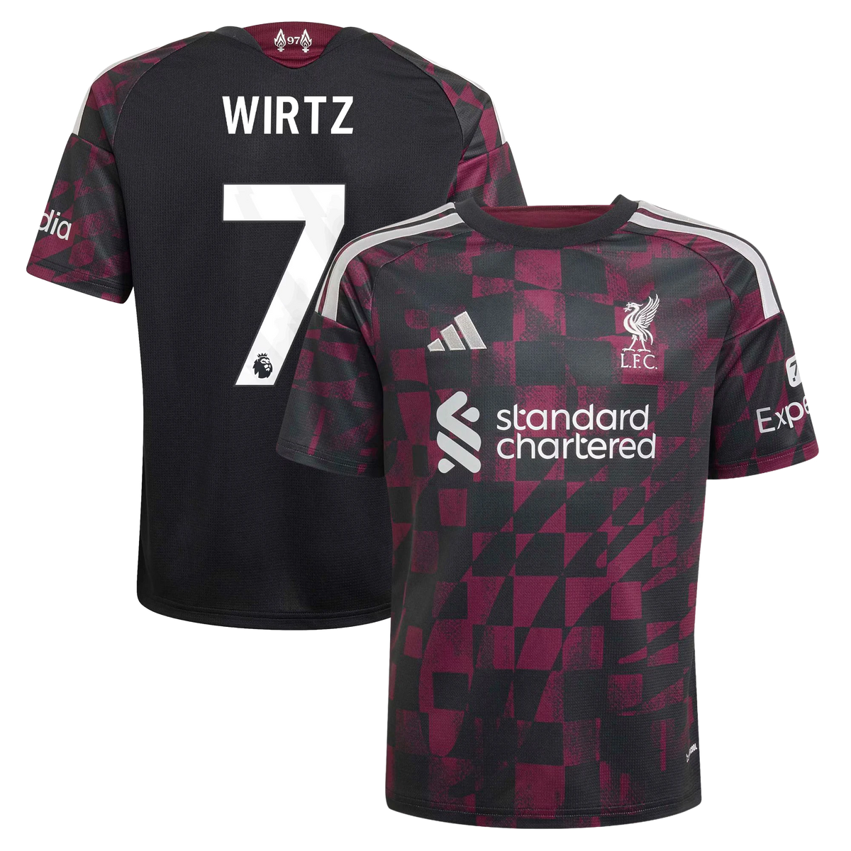 Front and back view of youth Liverpool 2026-2027 third black replica jersey featuring Florian Wirtz by Final Third Kit