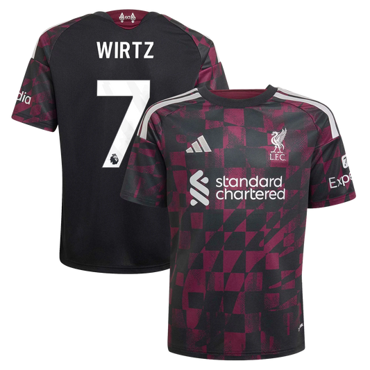 Front and back view of youth Liverpool 2026-2027 third black replica jersey featuring Florian Wirtz by Final Third Kit