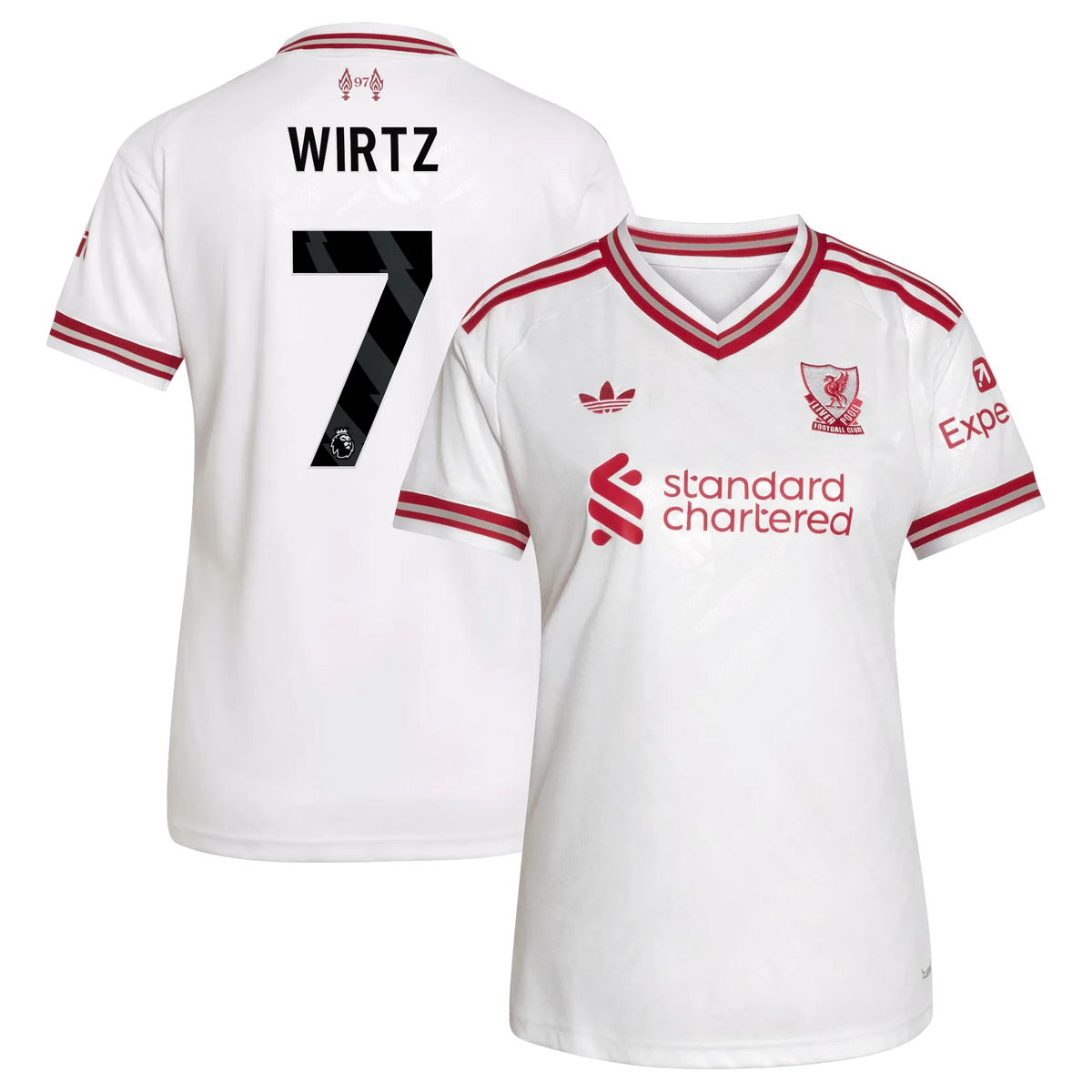 Front and back view of women's Liverpool 2026-2027 away white replica jersey featuring Florian Wirtz by Final Third Kit