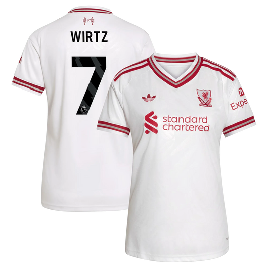 Front and back view of women's Liverpool 2026-2027 away white replica jersey featuring Florian Wirtz by Final Third Kit