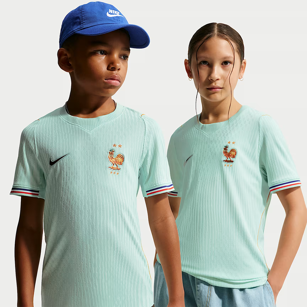 boy and girl weaing  France 2026 World Cup Away Kids Stadium Replica Kit
