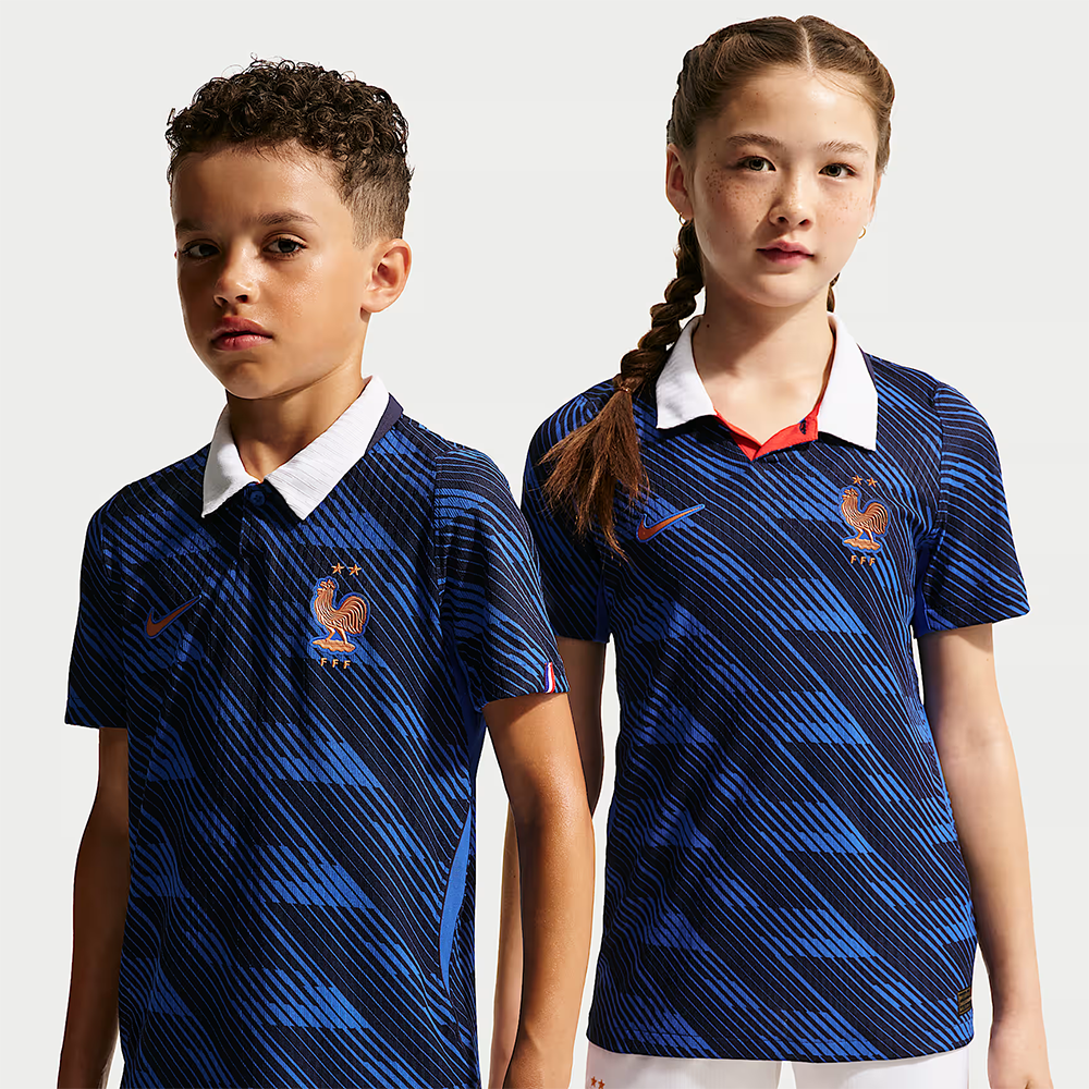 kids and girl wearing a France 2026 World Cup Home Kids Stadium Replica Kit