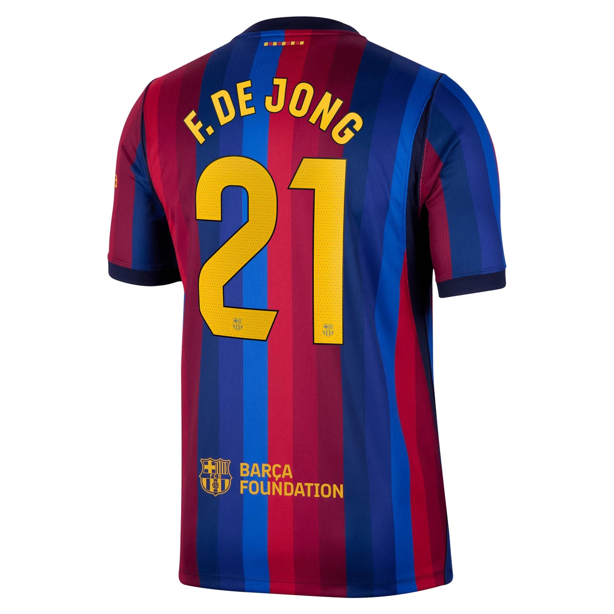 Back view of men's Barcelona 2026-2027 home red stadium replica football shirt with Frenkie de Jong name and number 21 printing by Final Third Kit