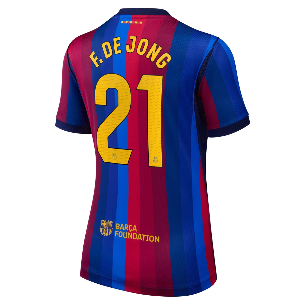 Back view of women's Barcelona 2026-2027 home red stadium replica football shirt with Frenkie de Jong name and number 21 printing by Final Third Kit
