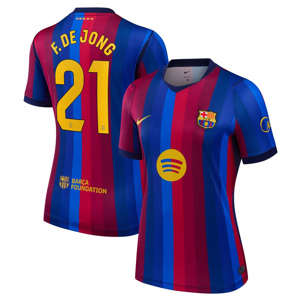 Front and back view of women's Barcelona 2026-2027 home red stadium replica jersey featuring Frenkie de Jong by Final Third Kit