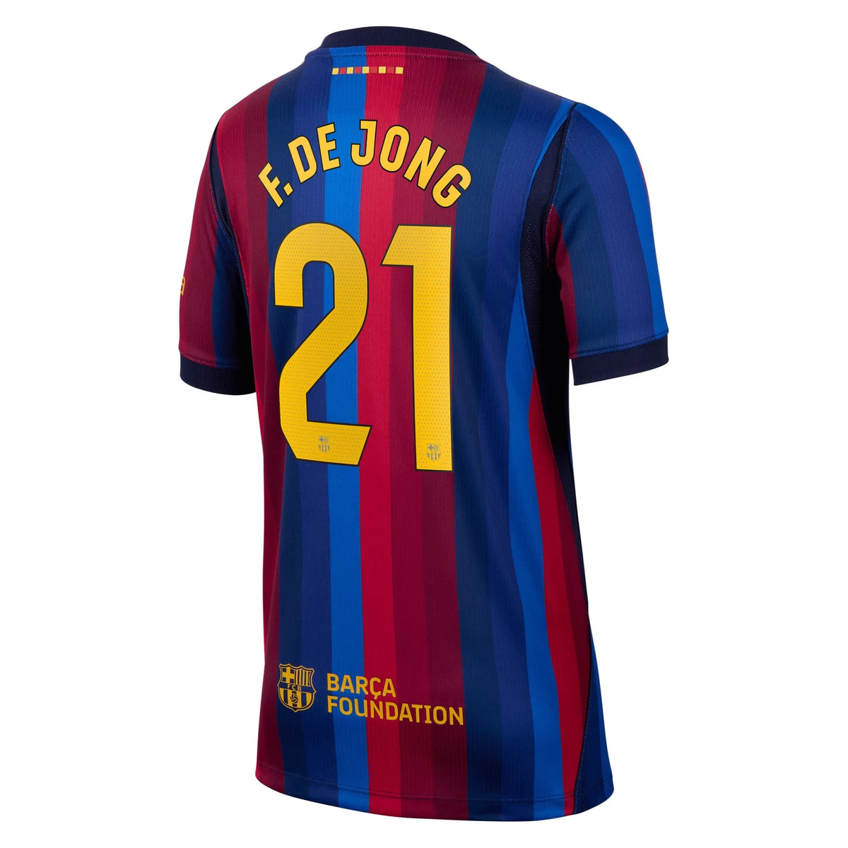 Back view of youth Barcelona 2026-2027 home red stadium replica football shirt with Frenkie de Jong name and number 21 printing by Final Third Kit