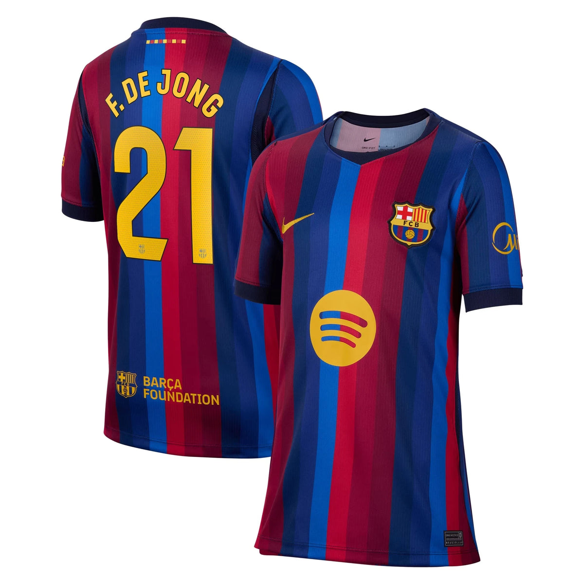 Front and back view of youth Barcelona 2026-2027 home red stadium replica jersey featuring Frenkie de Jong by Final Third Kit