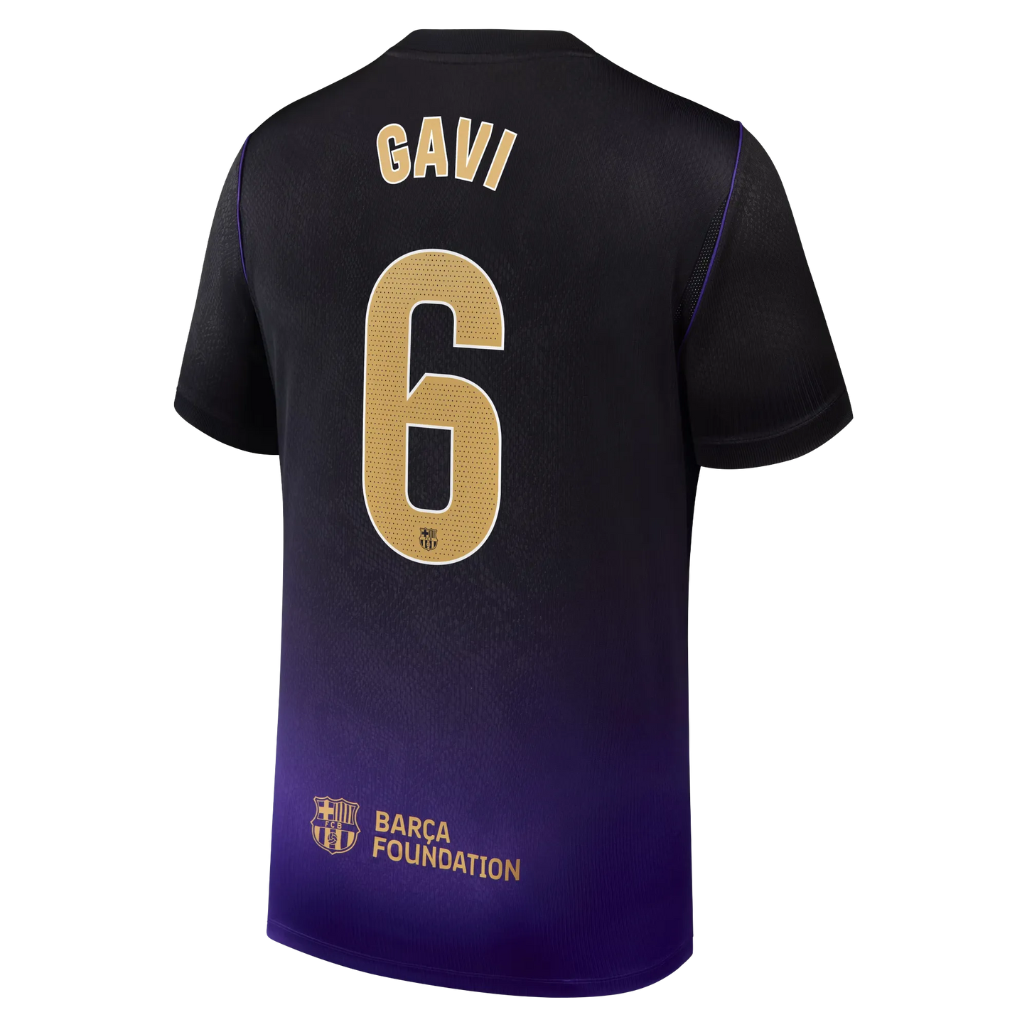 Back view of men's Barcelona 2026-2027 away purple stadium replica football shirt with Gavi name and number 6 printing by Final Third Kit