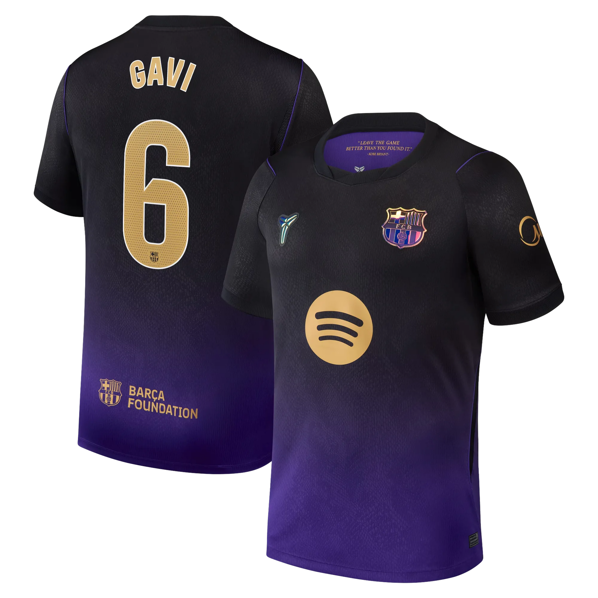 Front and back view of men's Barcelona 2026-2027 away purple stadium replica custom jersey featuring Gavi by Final Third Kit