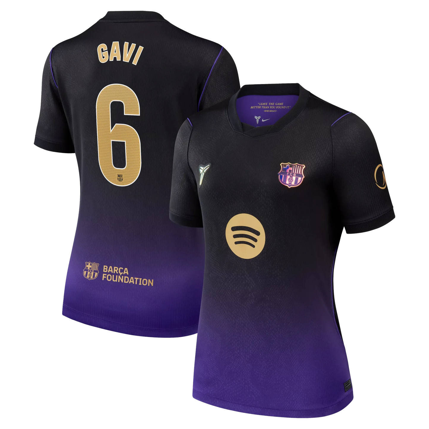 Front and back view of women's Barcelona 2026-2027 away purple stadium replica custom jersey featuring Gavi by Final Third Kit