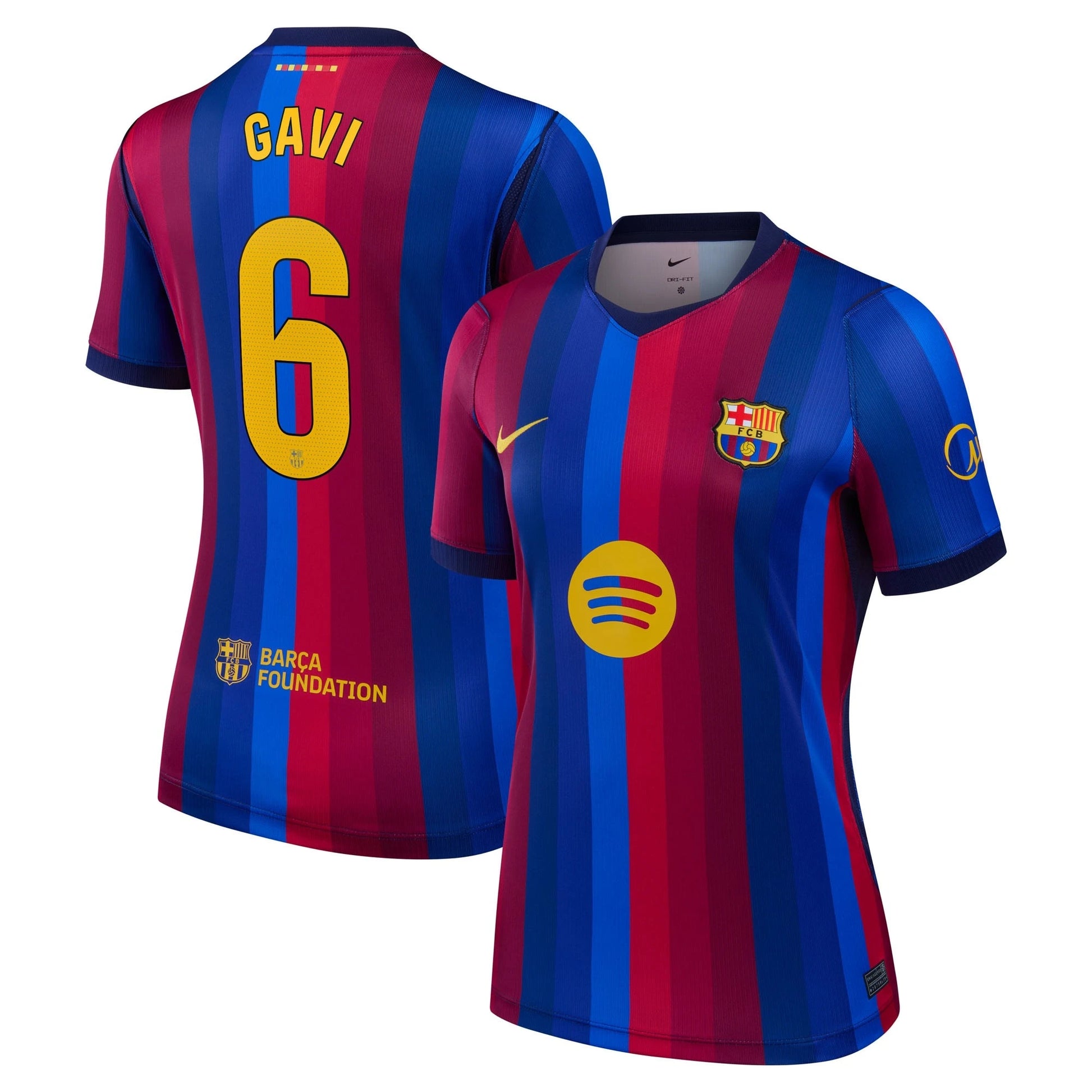 Front and back view of women's Barcelona 2026-2027 home red stadium replica custom jersey featuring Gavi by Final Third Kit