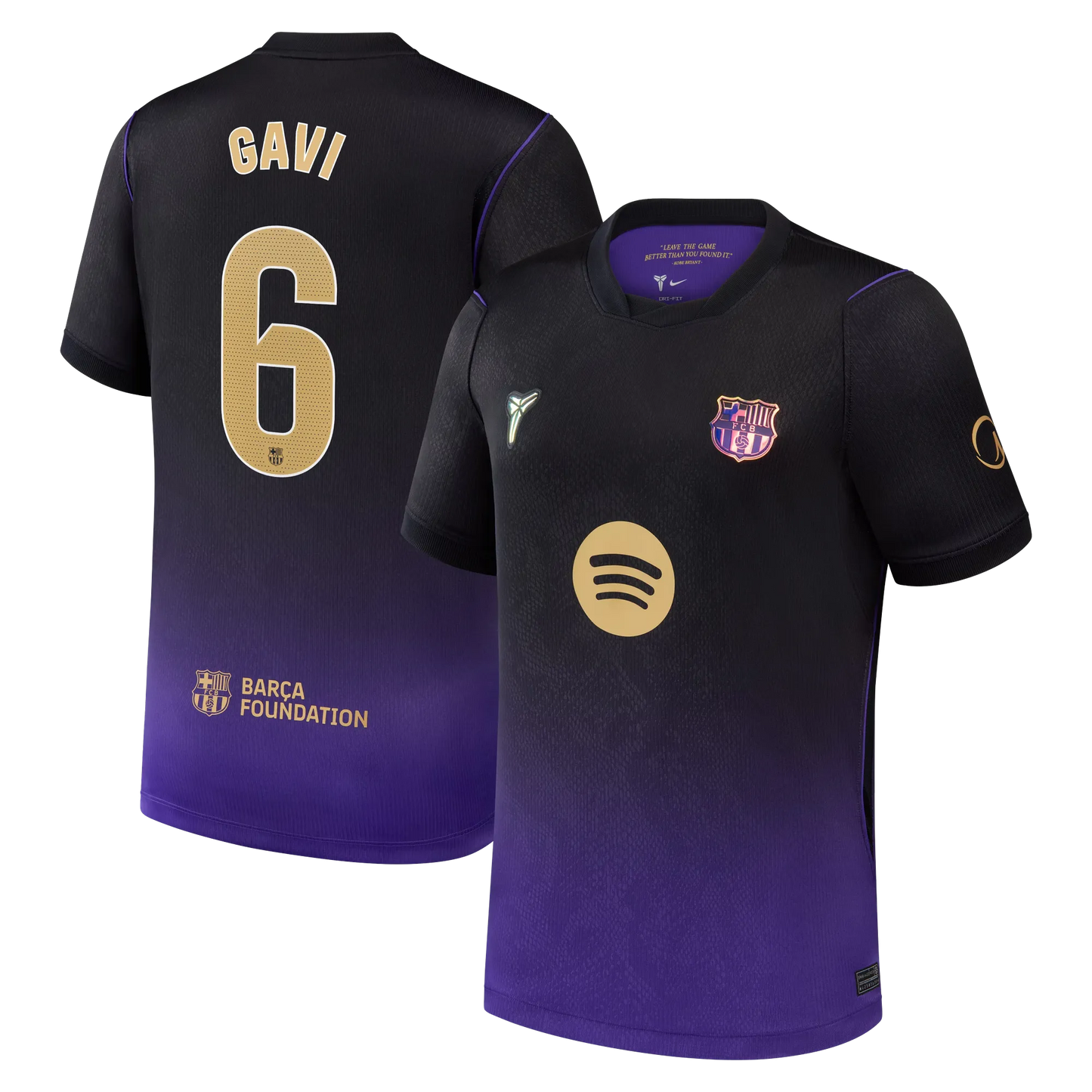 Front and back view of youth Barcelona 2026-2027 away purple stadium replica custom jersey featuring Gavi by Final Third Kit