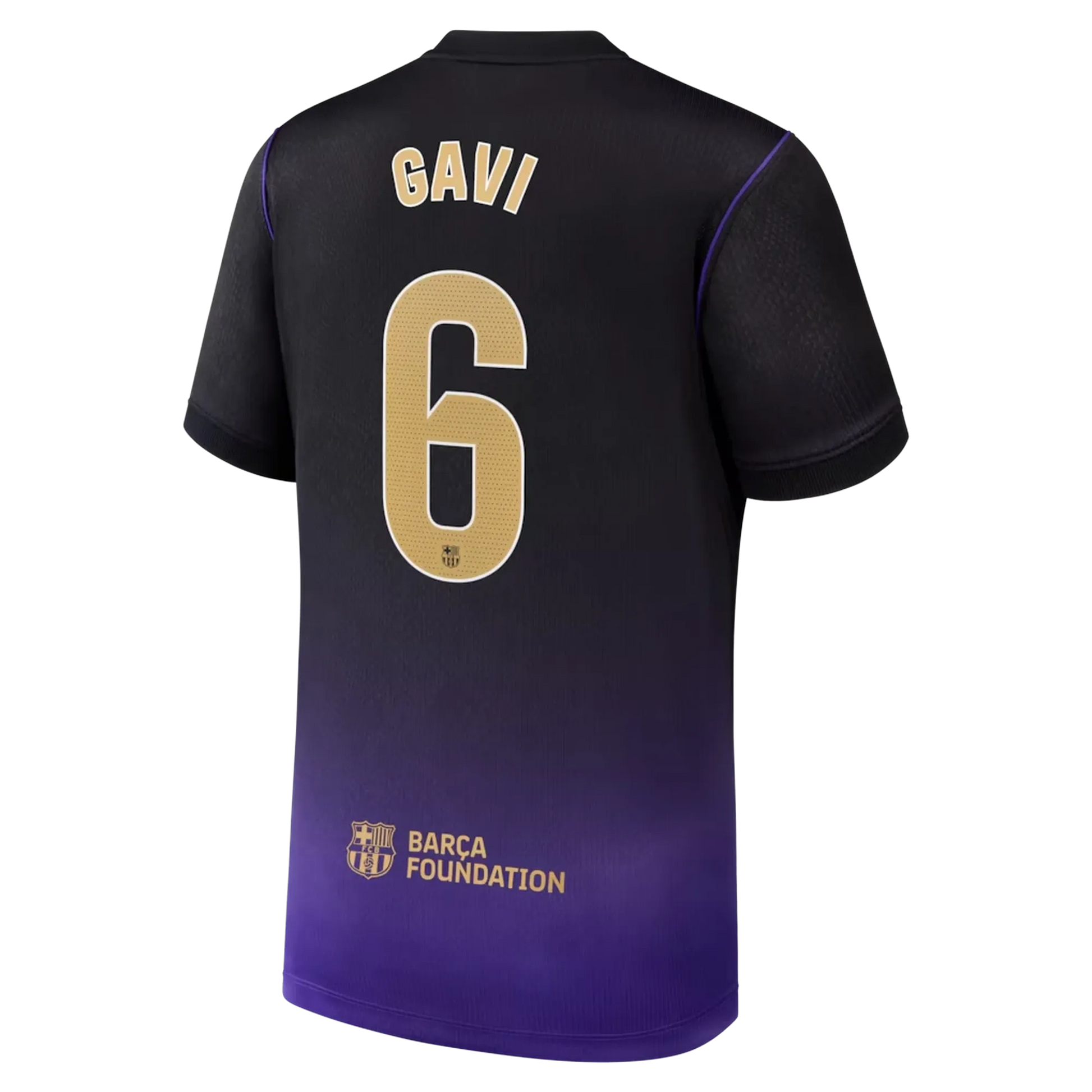 Back view of youth Barcelona 2026-2027 away purple stadium replica football shirt with Gavi name and number 6 printing by Final Third Kit