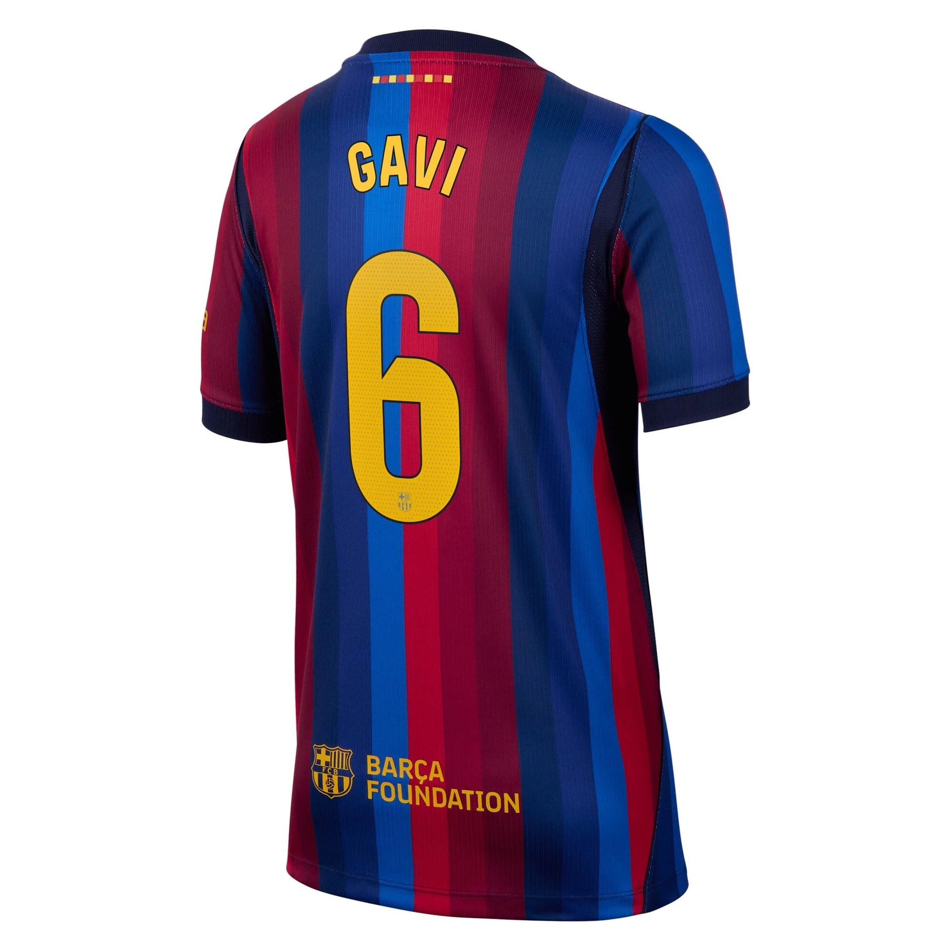 Back view of youth Barcelona 2026-2027 home red stadium replica football shirt with Gavi name and number 6 printing by Final Third Kit