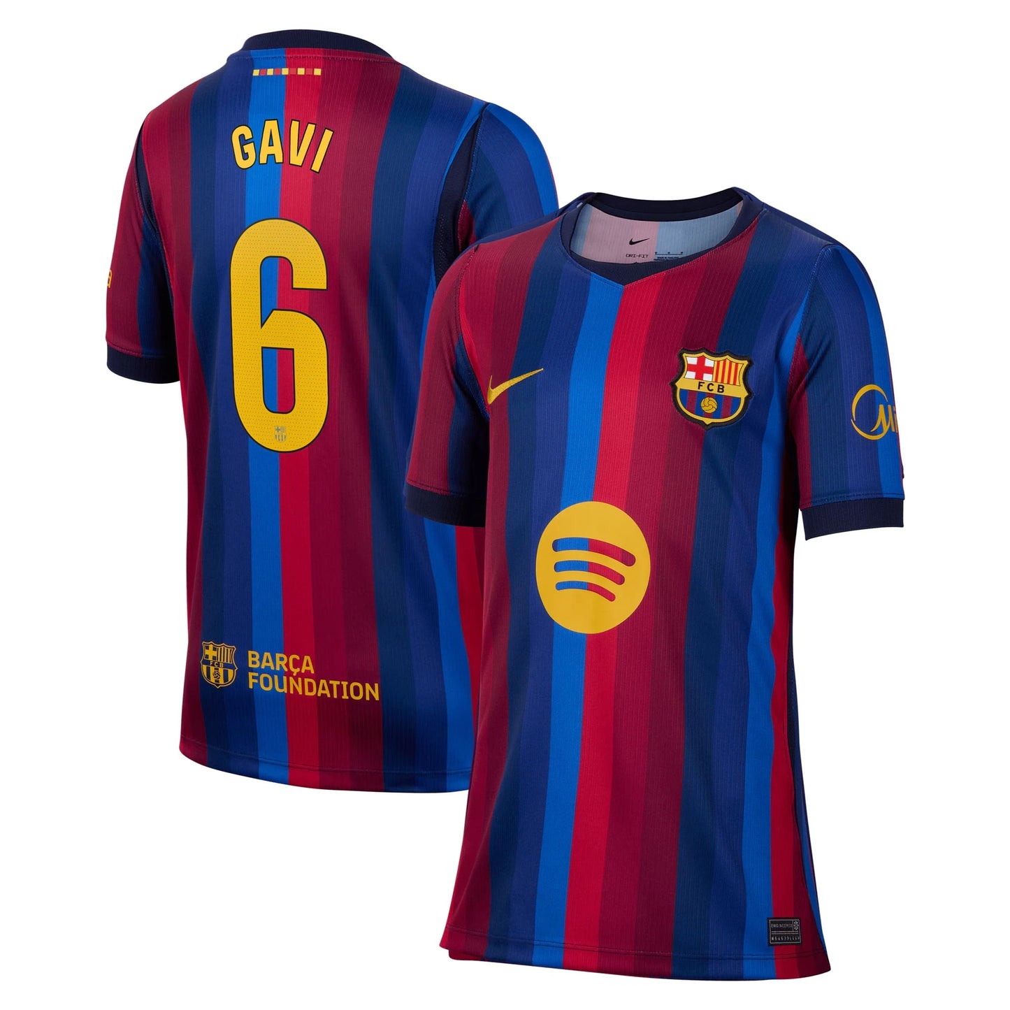 Front and back view of youth Barcelona 2026-2027 home red stadium replica custom jersey featuring Gavi by Final Third Kit
