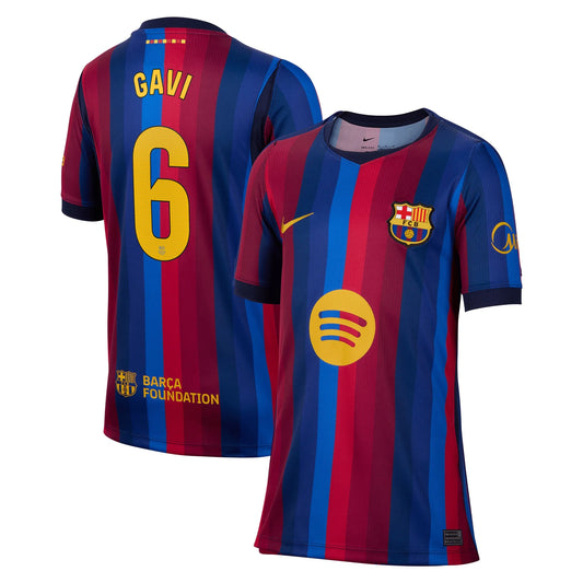 Front and back view of youth Barcelona 2026-2027 home red stadium replica custom jersey featuring Gavi by Final Third Kit