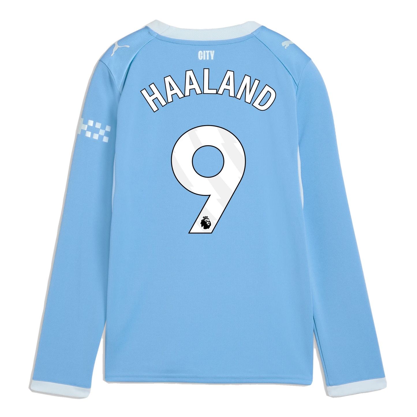 Back view of Manchester City 2026/27 home stadium replica long sleeve jersey showing Haaland 9 name and number print