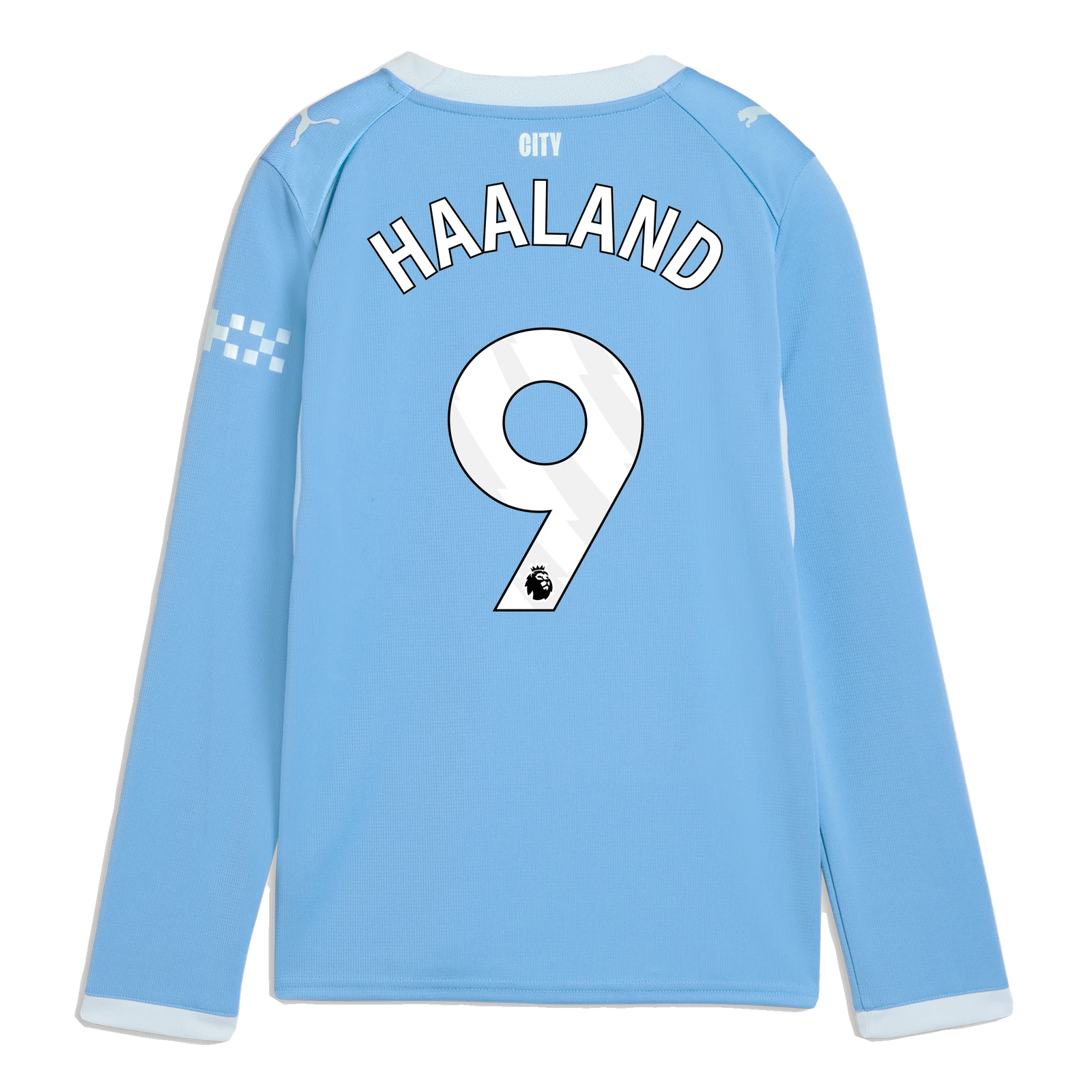 Back view of Manchester City 2026/27 home stadium replica long sleeve jersey showing Haaland 9 name and number print