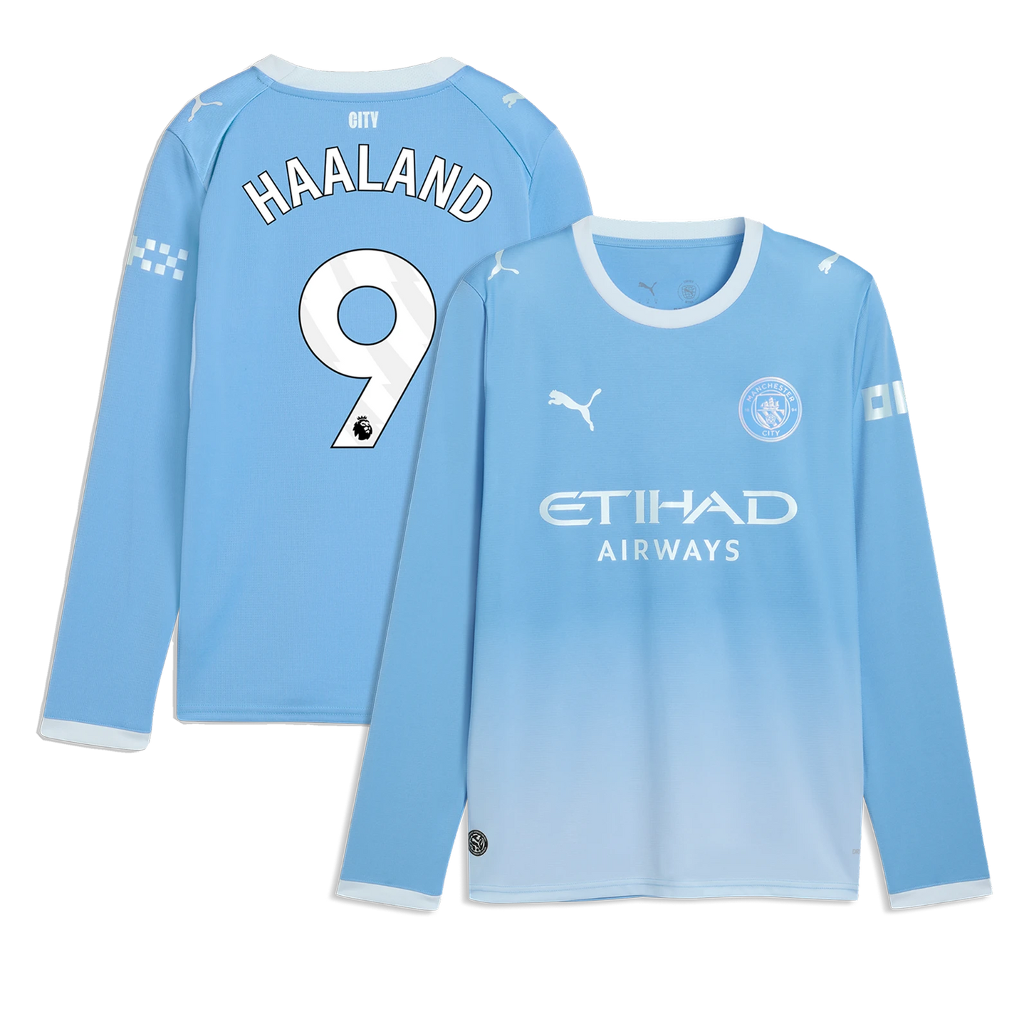 Manchester City 2026/27 home stadium replica long sleeve jersey front and back combined view with Erling Haaland 9 and gradient sky blue design