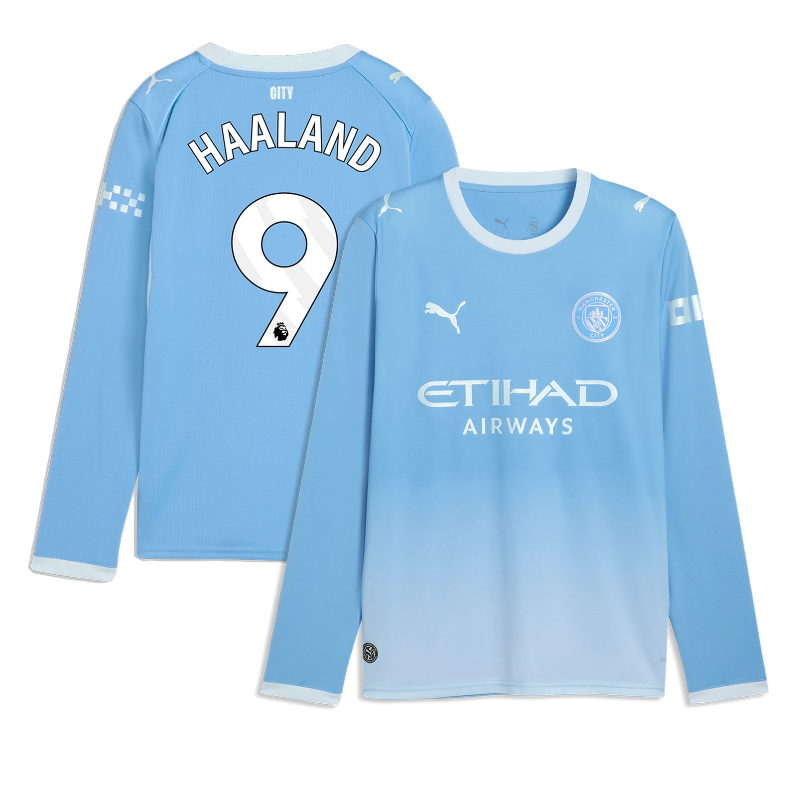 Manchester City 2026/27 home stadium replica long sleeve jersey front and back combined view with Erling Haaland 9 and gradient sky blue design