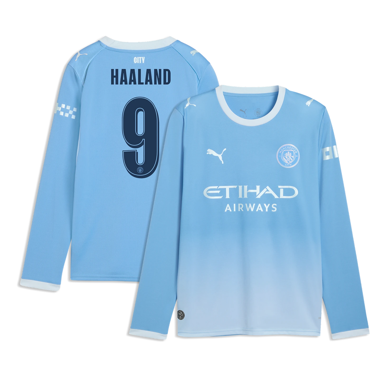 Front and back views of a light blue Manchester City long-sleeve soccer jersey with a gradient fade to white, featuring Puma branding, the Etihad Airways sponsor, and Haaland number 9 on the back.