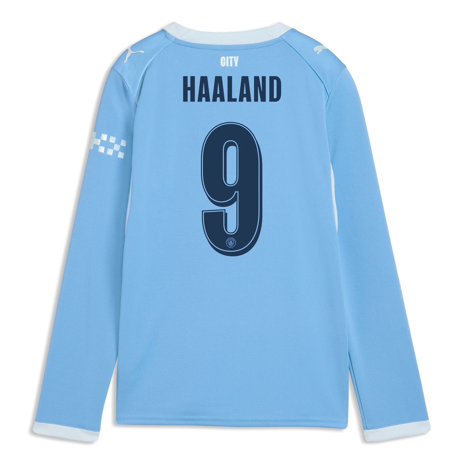 Back view of a light blue long-sleeve soccer jersey with 'HAALAND' and the number '9' printed in navy on the back, featuring white trim on the collar and cuffs.
