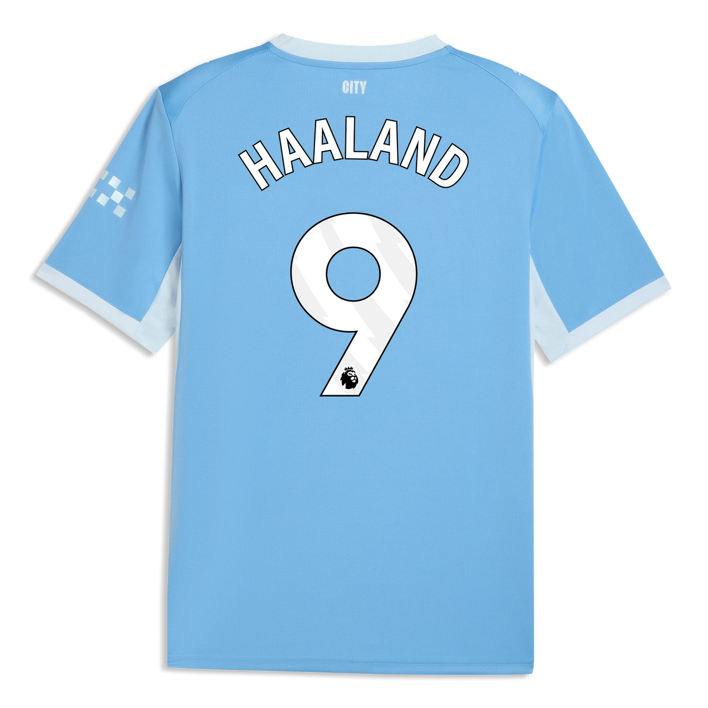 Back view of Manchester City 2026/27 home replica jersey showing Haaland 9 name and number print