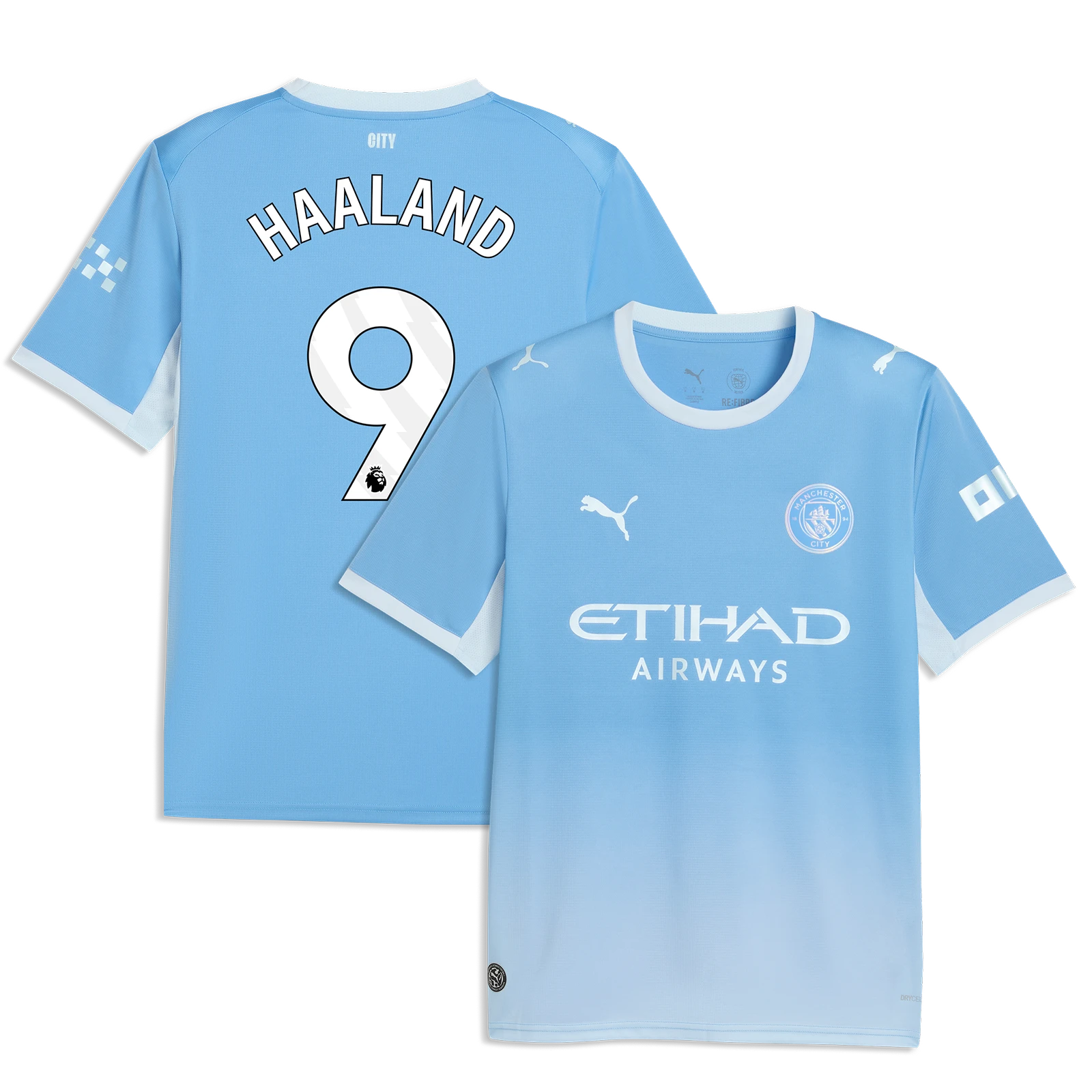 Manchester City 2026/27 home replica jersey front and back combined view with Erling Haaland 9 and gradient sky blue design