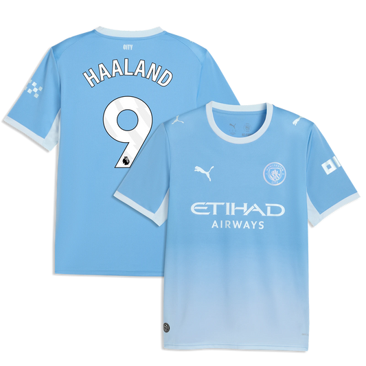 Manchester City 2026/27 home replica jersey front and back combined view with Erling Haaland 9 and gradient sky blue design