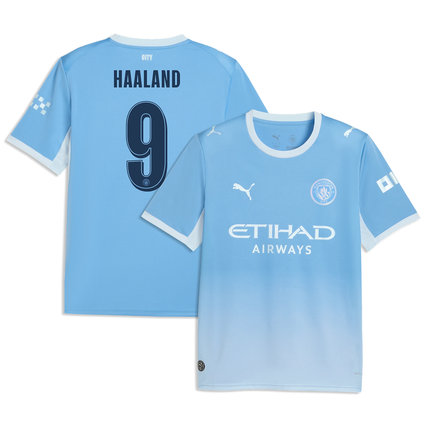 Manchester City 2026/27 home replica jersey front and back combined view with Erling Haaland 9 man city font and gradient sky blue design