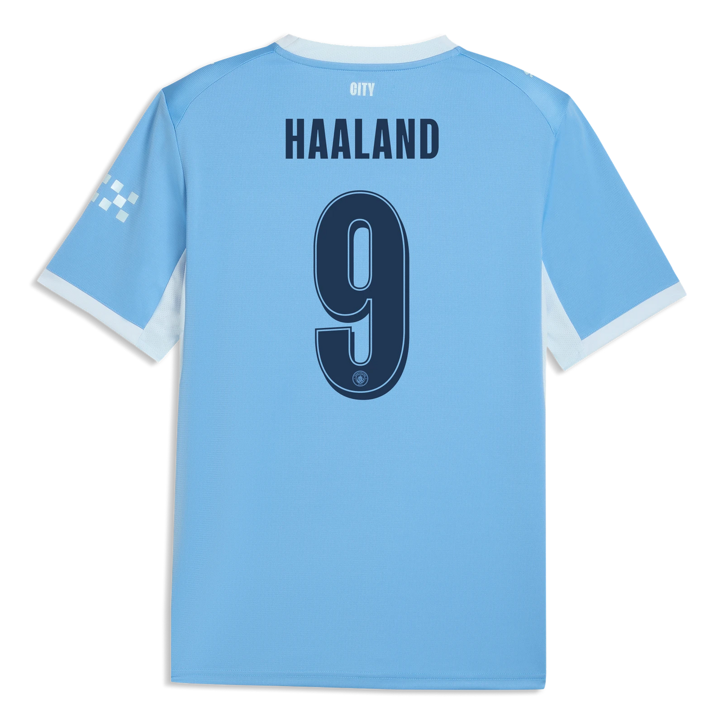 Light blue back view of a soccer jersey with 'HAALAND' and the number '9' printed in dark navy, featuring white sleeve accents.