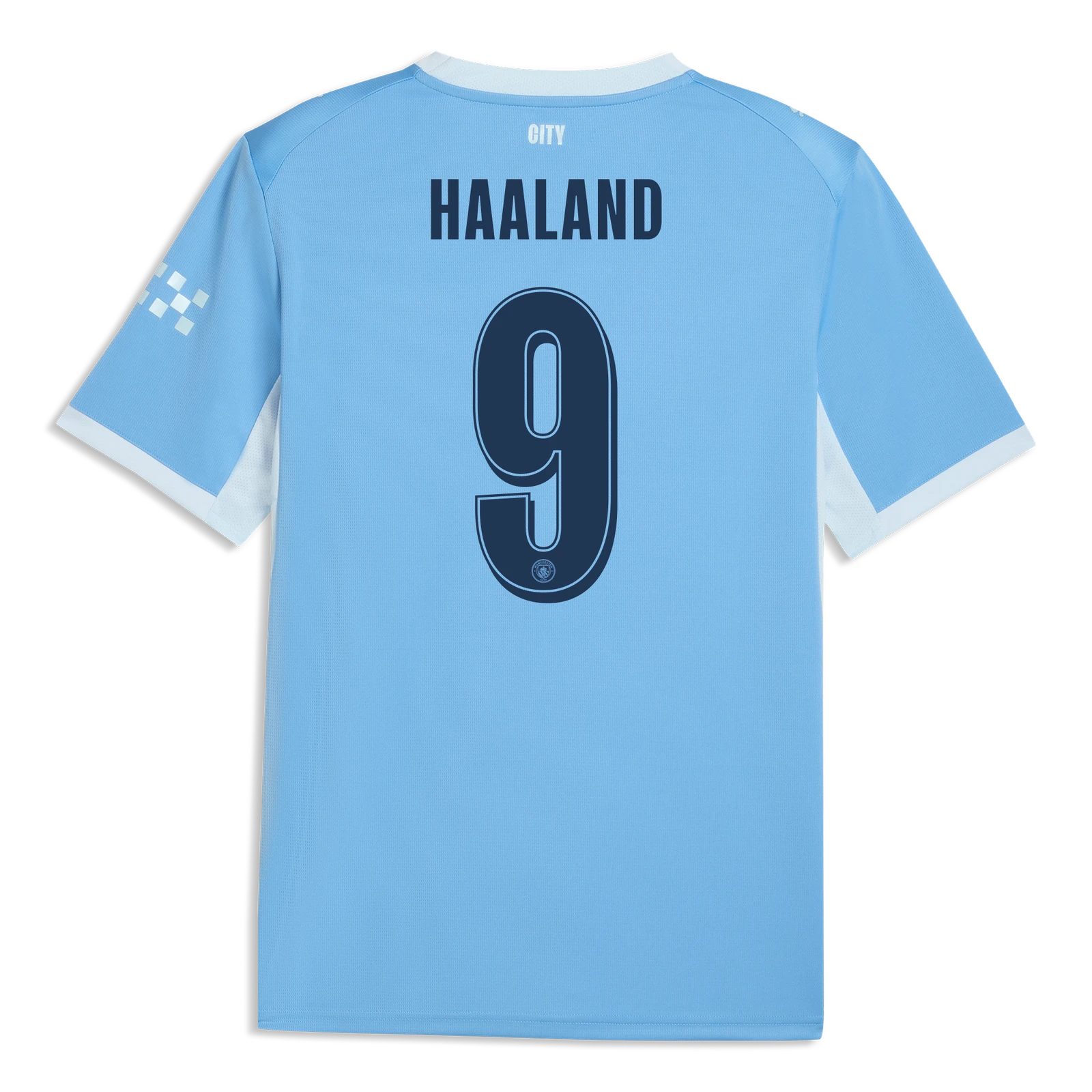 Light blue back view of a soccer jersey with 'HAALAND' and the number '9' printed in dark navy, featuring white sleeve accents.