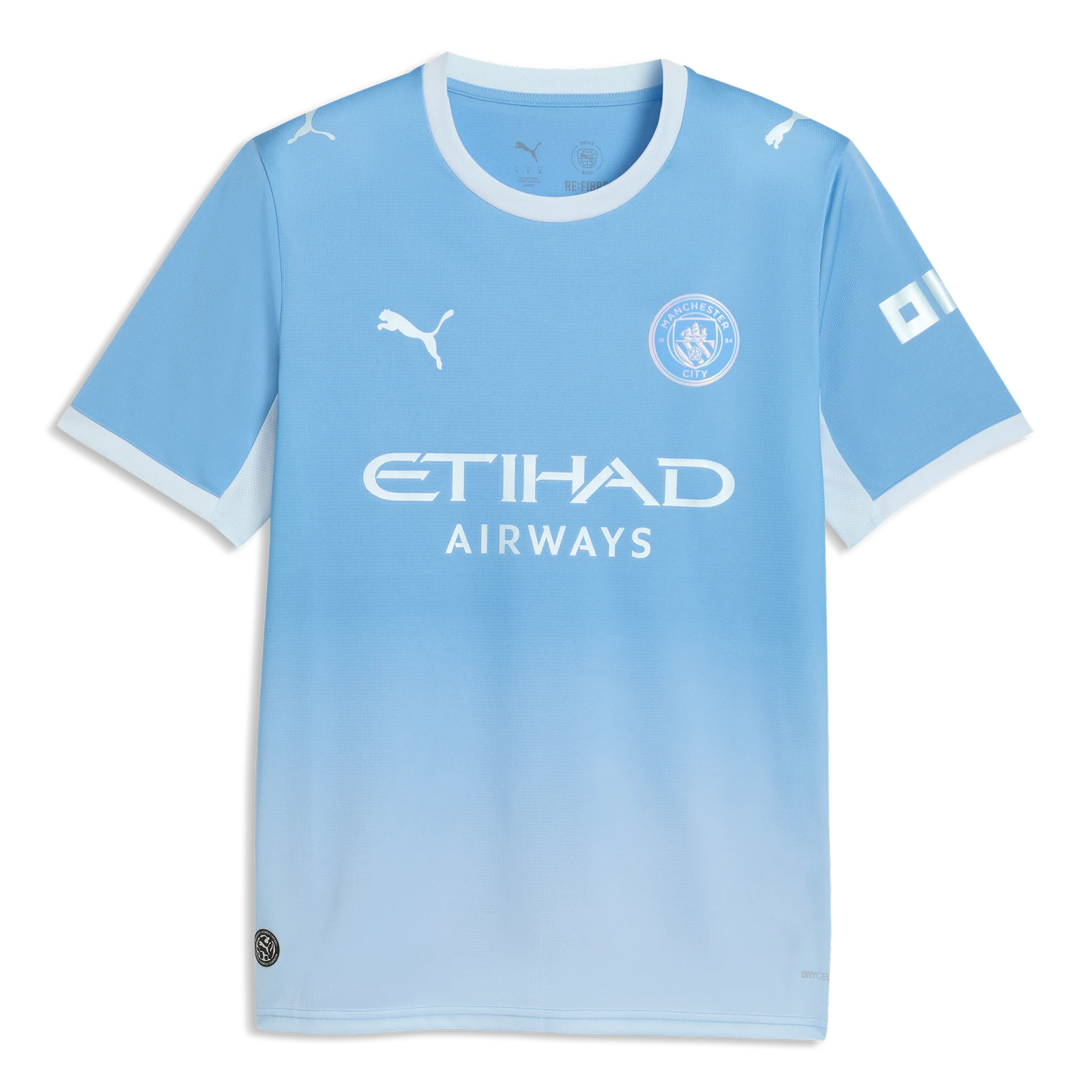 A light blue gradient Manchester City football jersey by Puma, featuring the Etihad Airways sponsor logo on the front, the Manchester City crest, and white trim on the collar and sleeve cuffs.