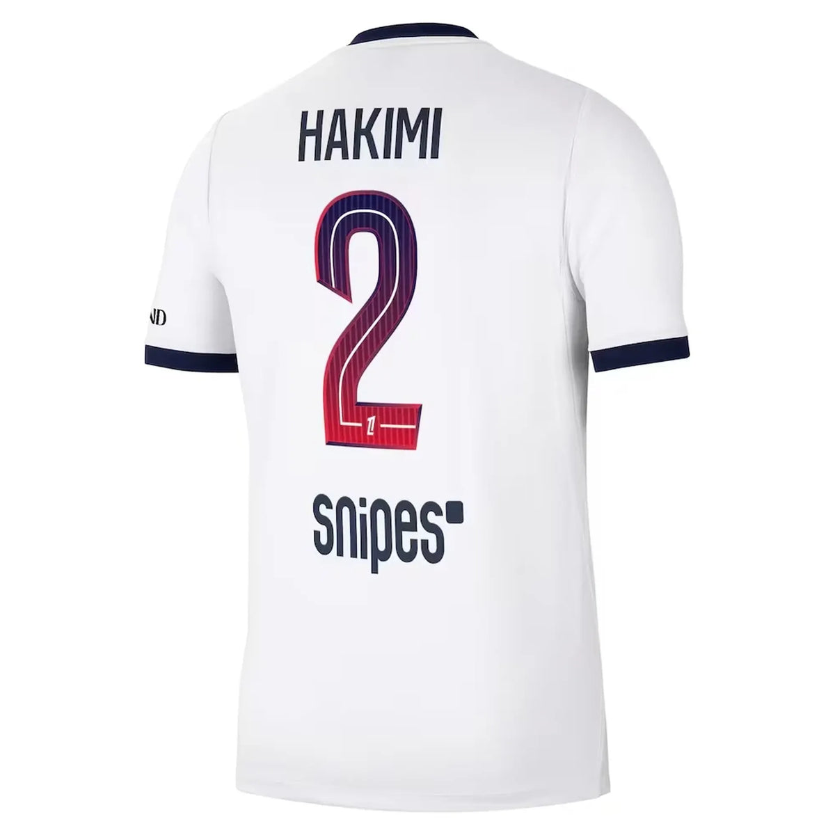 Back view of men's Paris Saint-Germain 2026-2027 away white stadium replica football shirt with Hakimi name and number 2 printing by Final Third Kit