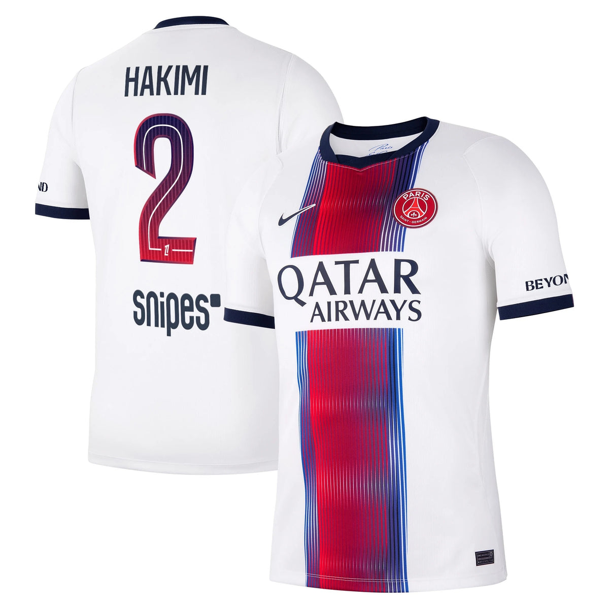 Front and back view of men's Paris Saint-Germain 2026-2027 away white stadium replica jersey featuring Hakimi by Final Third Kit