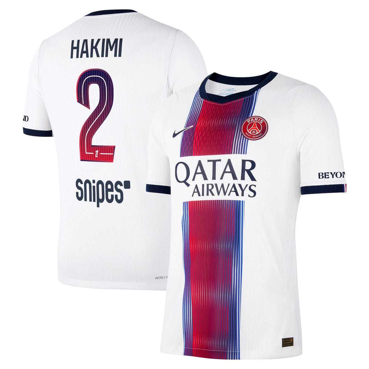 Front and back view of men's Paris Saint-Germain 2026-2027 away white match authentic jersey featuring Hakimi by Final Third Kit